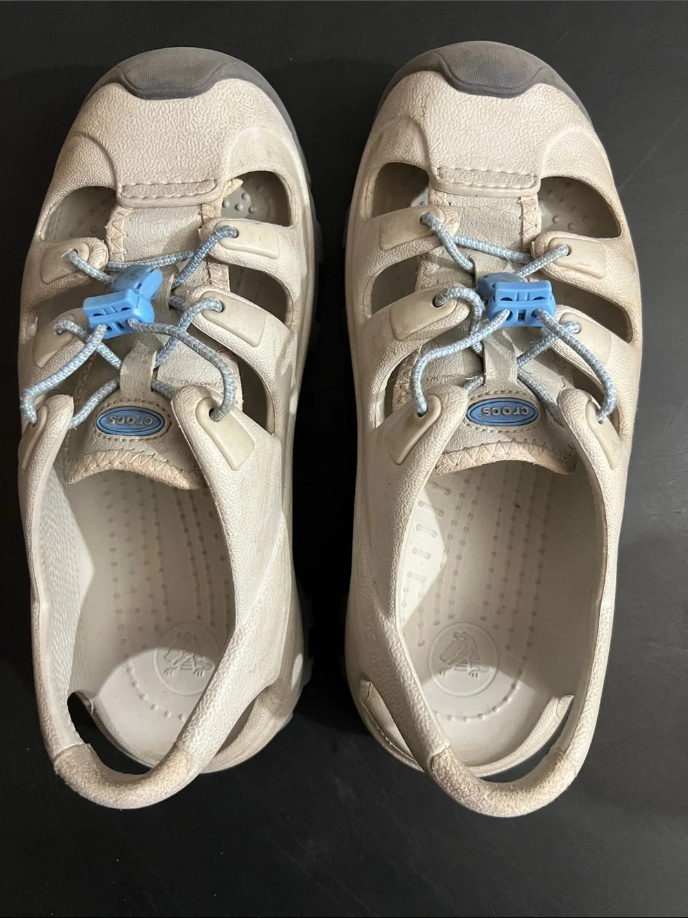 CROCS Beige Water Shoes with Light Blue Accents